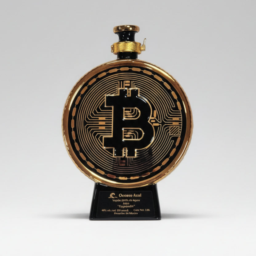 Tequila bottle with Bitcoin design in a black box labeled 'Oceano Azul Cryptoquila'.