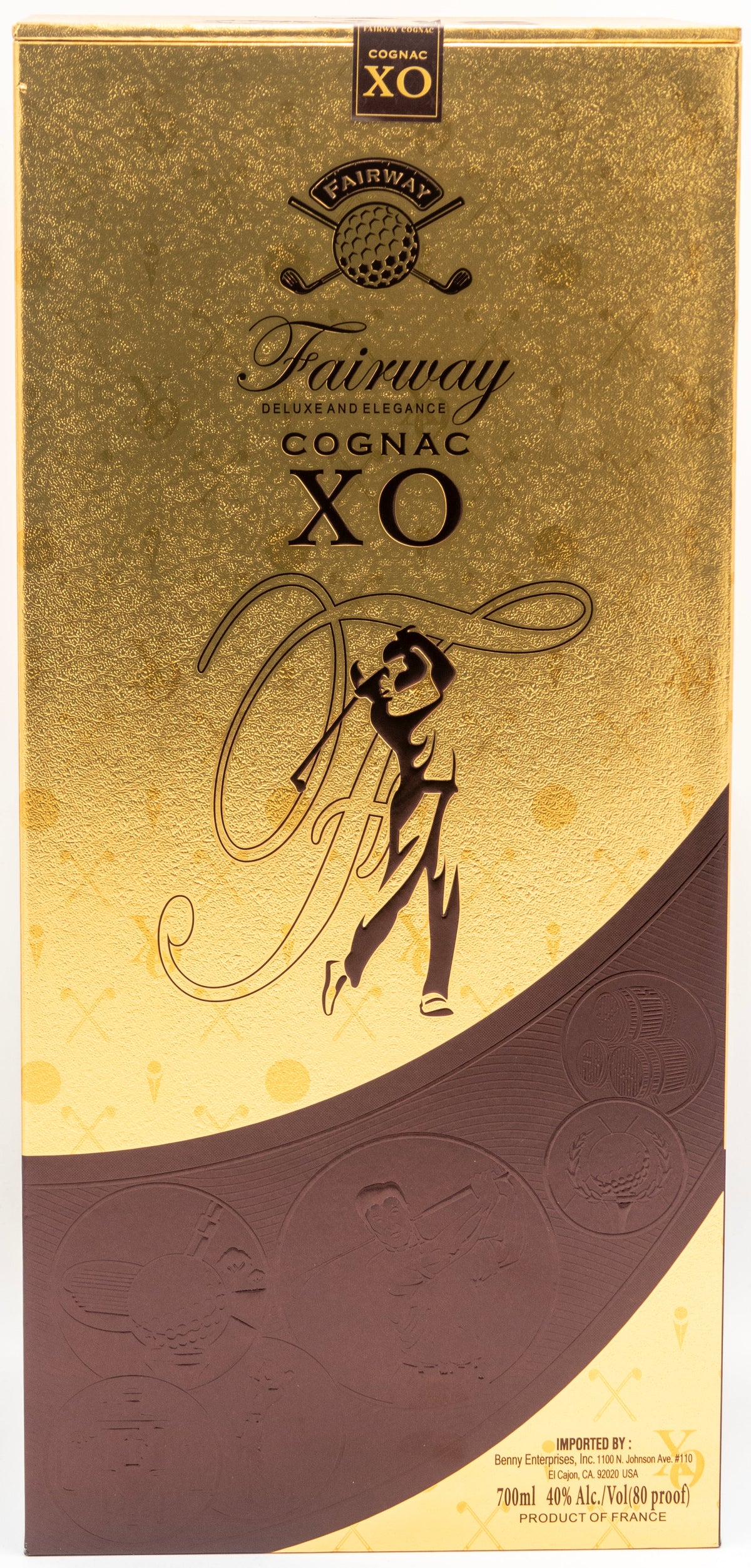 Fairway Cognac XO packaging with gold and brown design