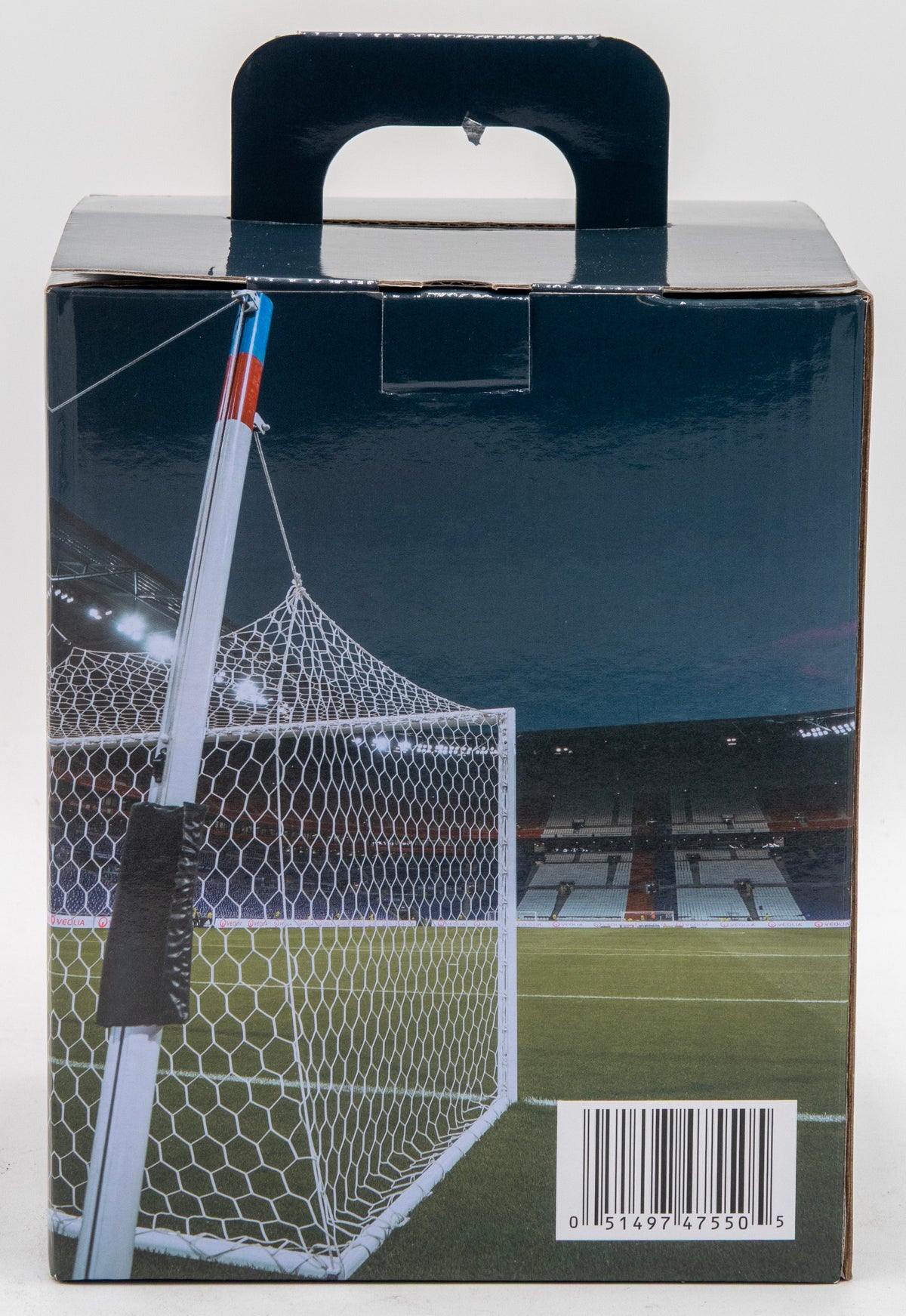 Product packaging with a soccer goal and stadium image on a white background