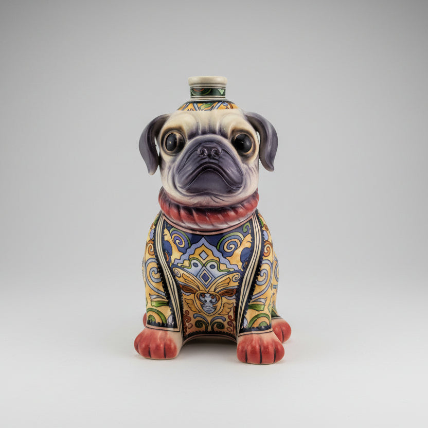 A sculptural bottle of Oceano Azul Pug Añejo Tequila, designed like a sitting dog.