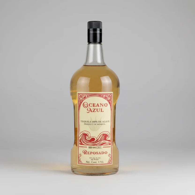 Oceano Azul Reposado tequila bottle with red label