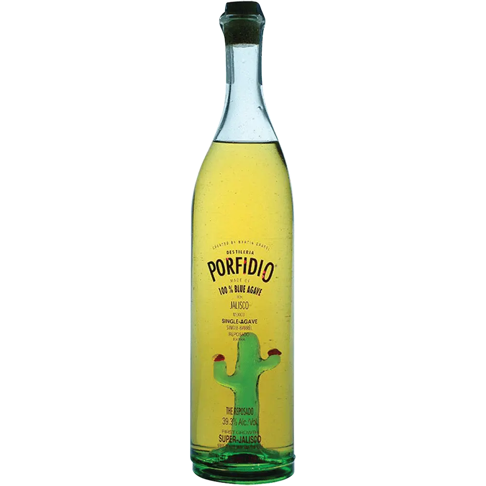 Bottle of Porfidio tequila with a cactus illustration on a white background