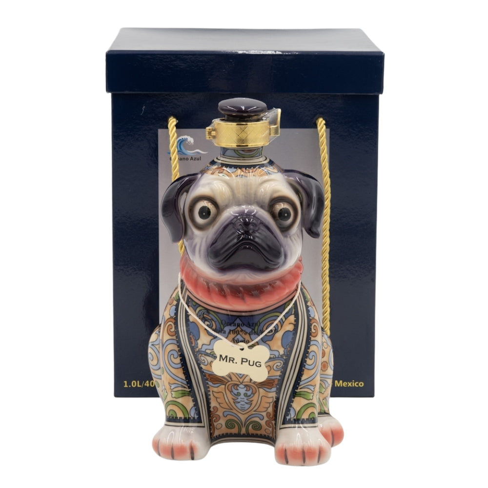 A sculptural bottle of Oceano Azul Pug Añejo Tequila, designed like a sitting dog.