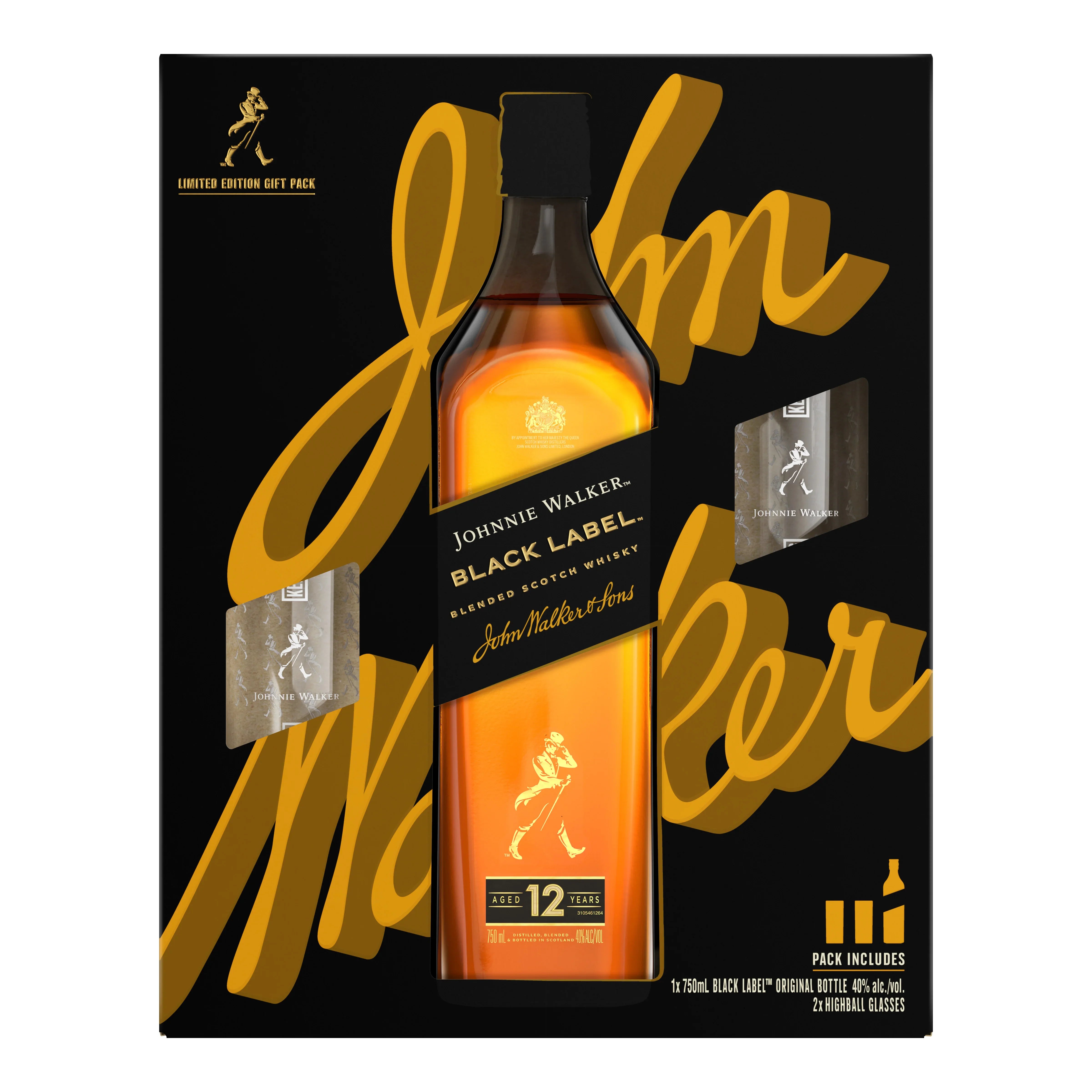 Johnnie Walker Scotch Blended Black Label Gft PK W/ Highball Glass 750ml - Captain Caskwell