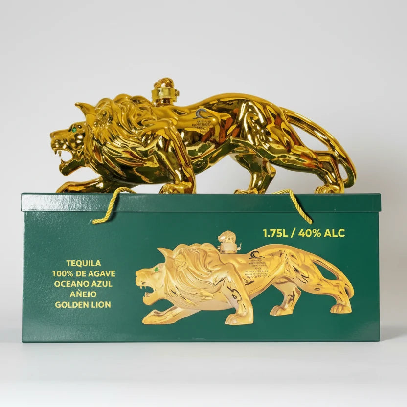 Gold lion tequila bottle design on a green box with tequila branding