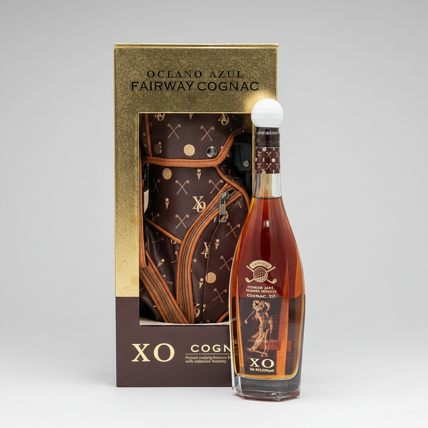 A bottle of Oceano Azul Fairway Cognac XO placed in front of its packaging, which features a gold and brown color scheme with golf bag graphics.