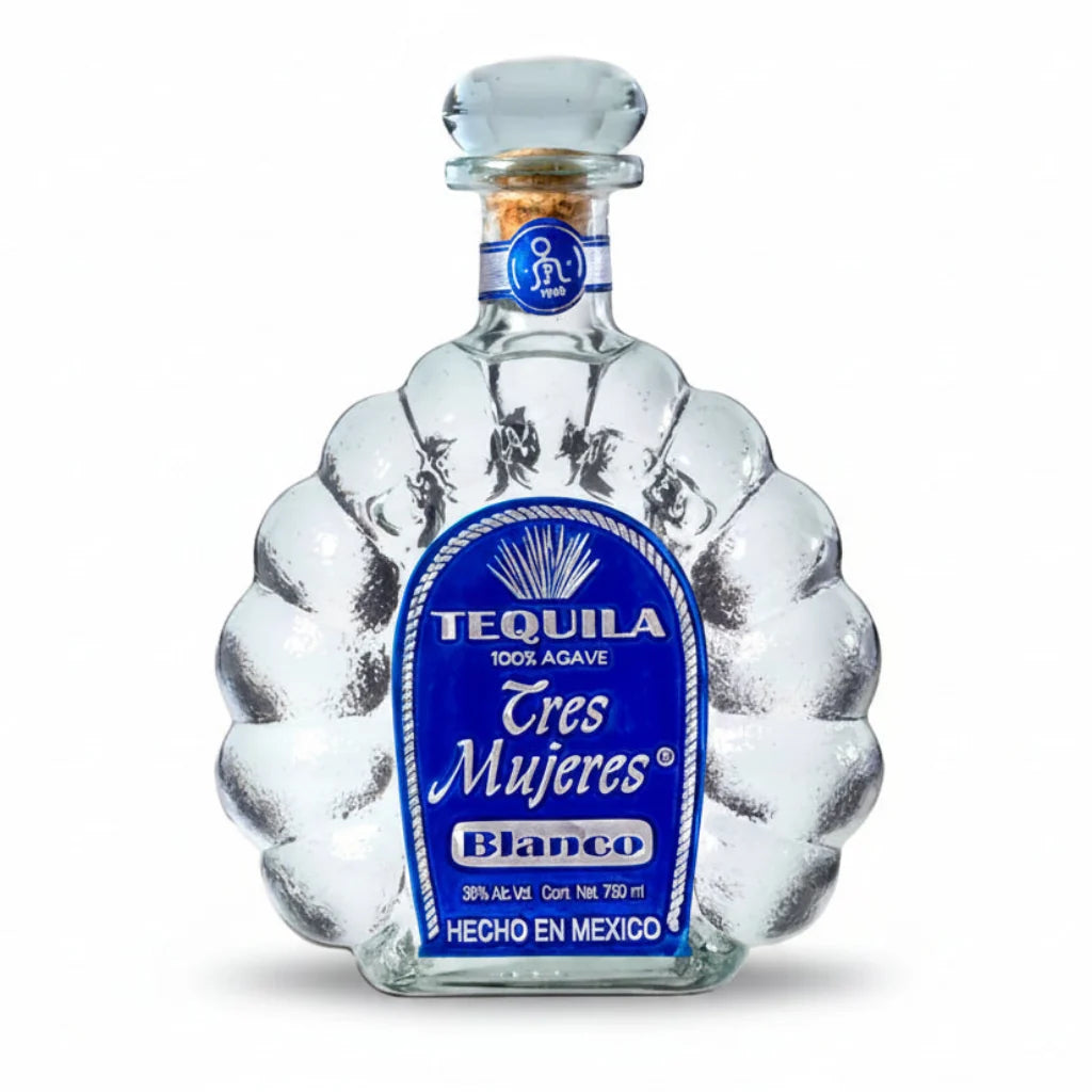Tequila bottle with blue label on a white background