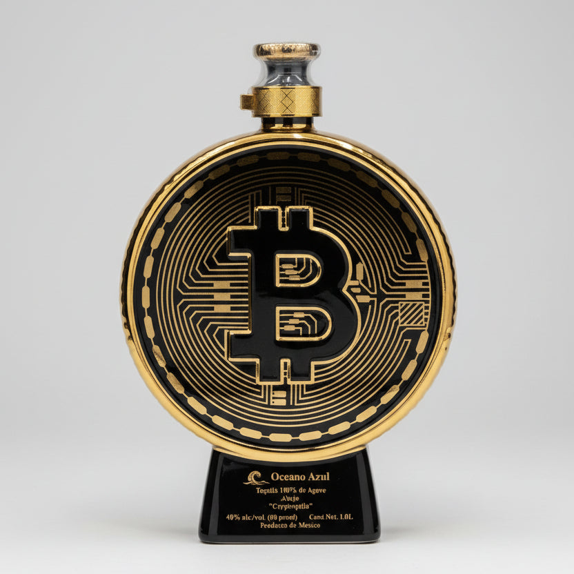 ABitcoin-shaped bottle of Oceano Azul Anejo Tequila 1L with a gold and black color scheme, displayed in a yellow box.