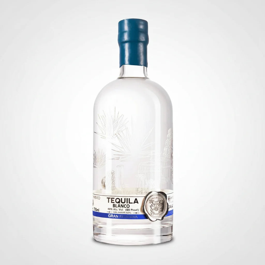 Tequila bottle with blue cap on a white background