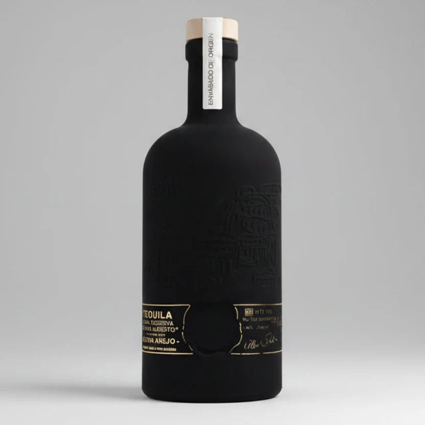 Black bottle with gold accents on a gray background