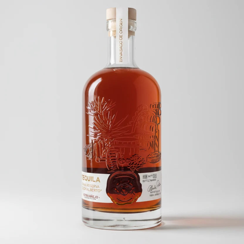 Tequila bottle with intricate design on a white background
