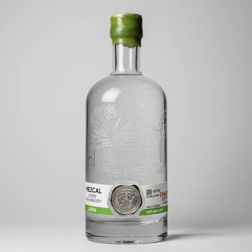 Bottle of Mezcal with a green cap on a white background