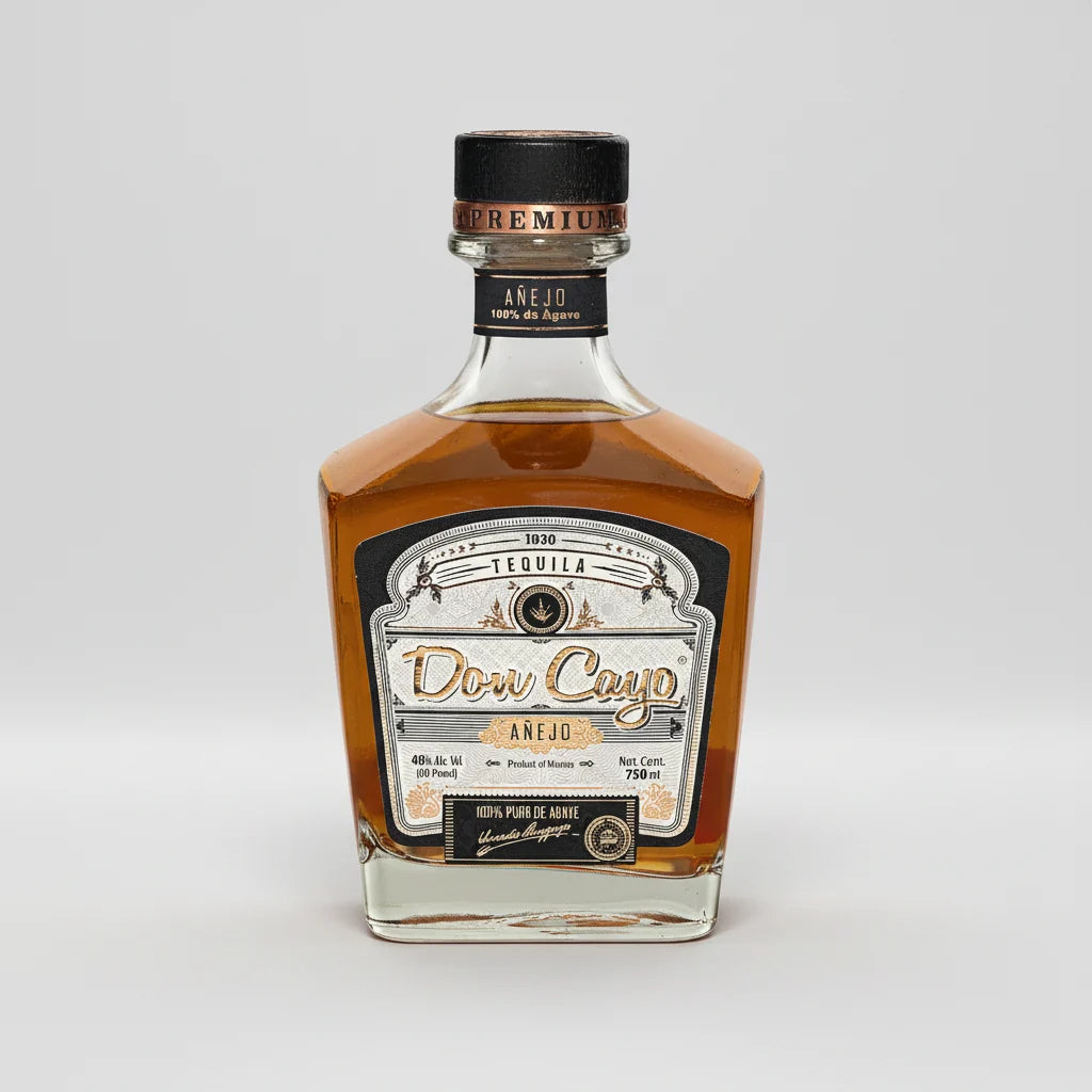 Bottle of Don Cayo tequila on a white background