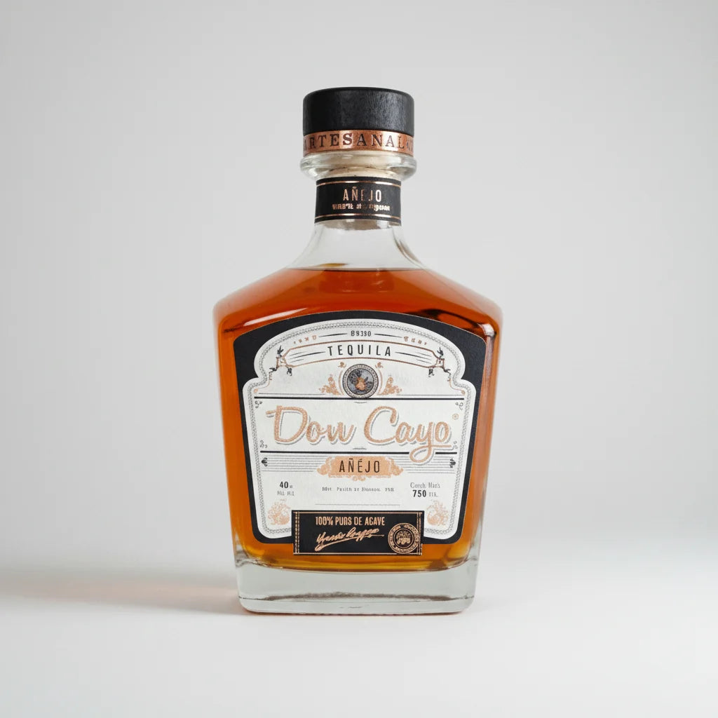 Bottle of Don Cayo Anejo tequila on a white background