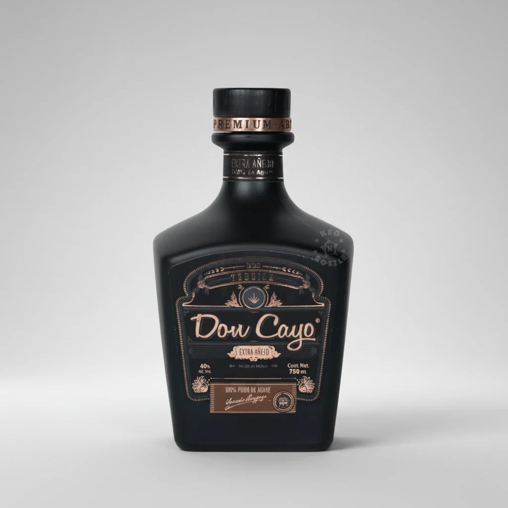 Black bottle of Don Cayo rum with gold label on a white background
