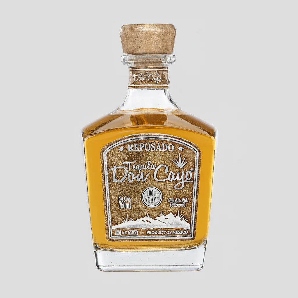 Tequila Don Cayo Reposado bottle with a cork stopper on a white background