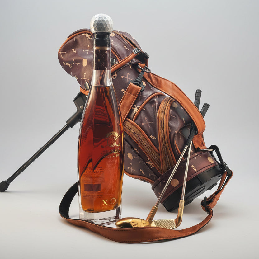 Bottle of XO rum with a golf bag and club on a white background