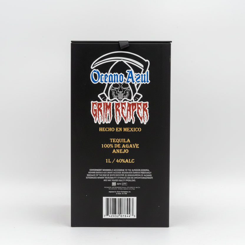 Oceano Azul Grim Reaper tequila box on a white background
