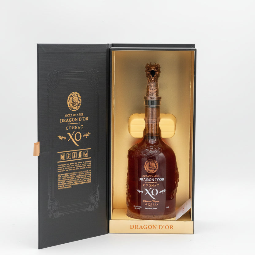 Dragon d'Or Cognac XO bottle in a black and gold box on a white background