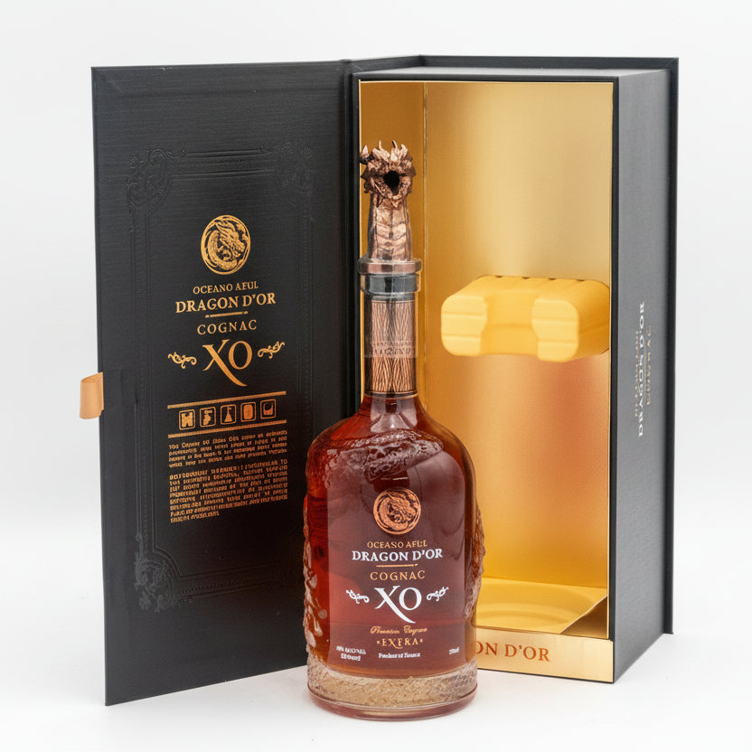 Dragon d'Or Cognac XO bottle with packaging on a white background