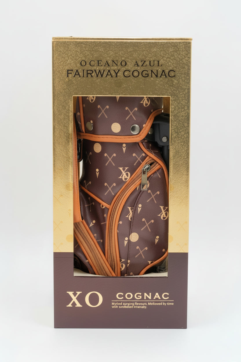 Golf bag with XO cognac branding in a decorative box