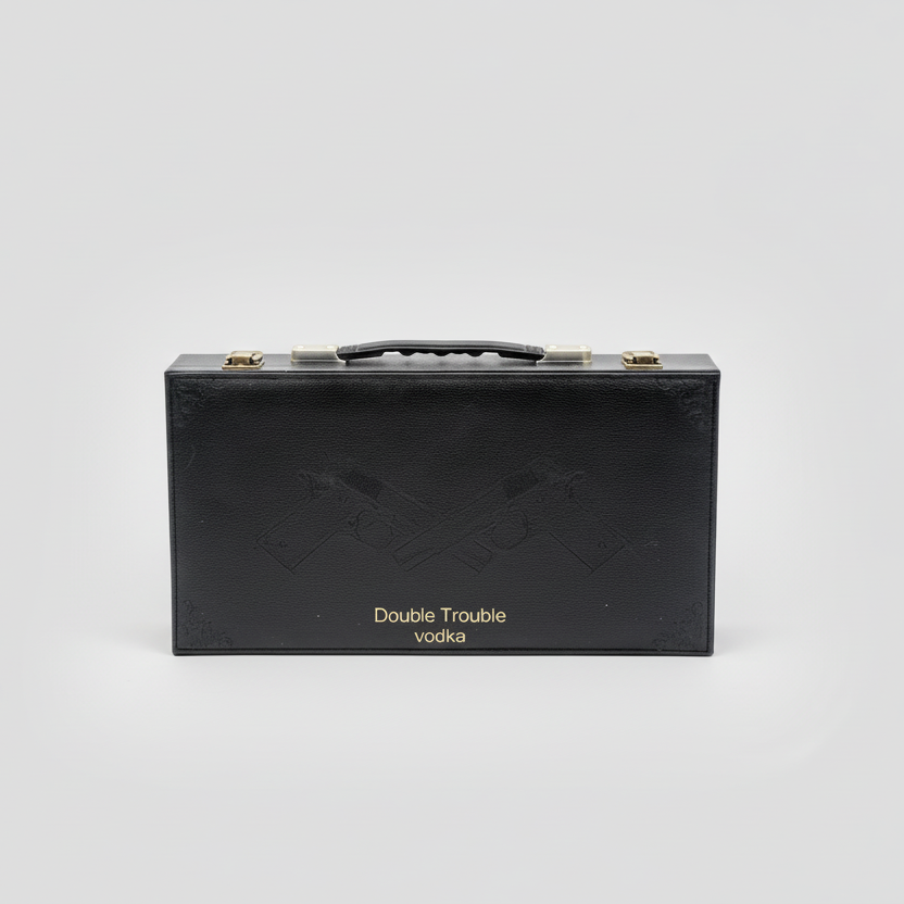 Black briefcase-shaped vodka box with 'Double Trouble vodka' branding on a white background