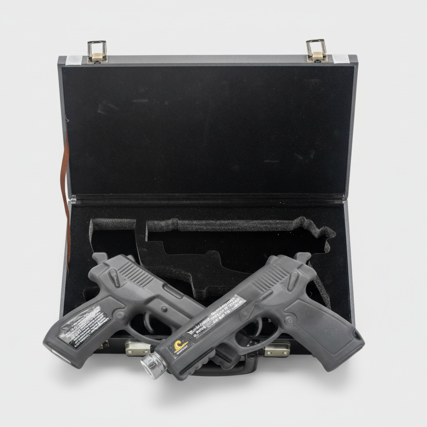 Two gray vodka bottle guns in an open black case on a white background