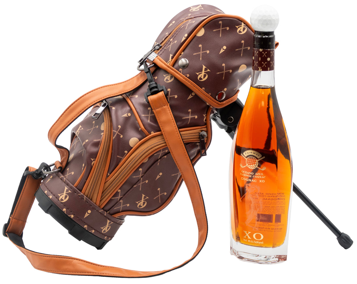 Golf bag with a bottle of Cognac and a golf club on a white background