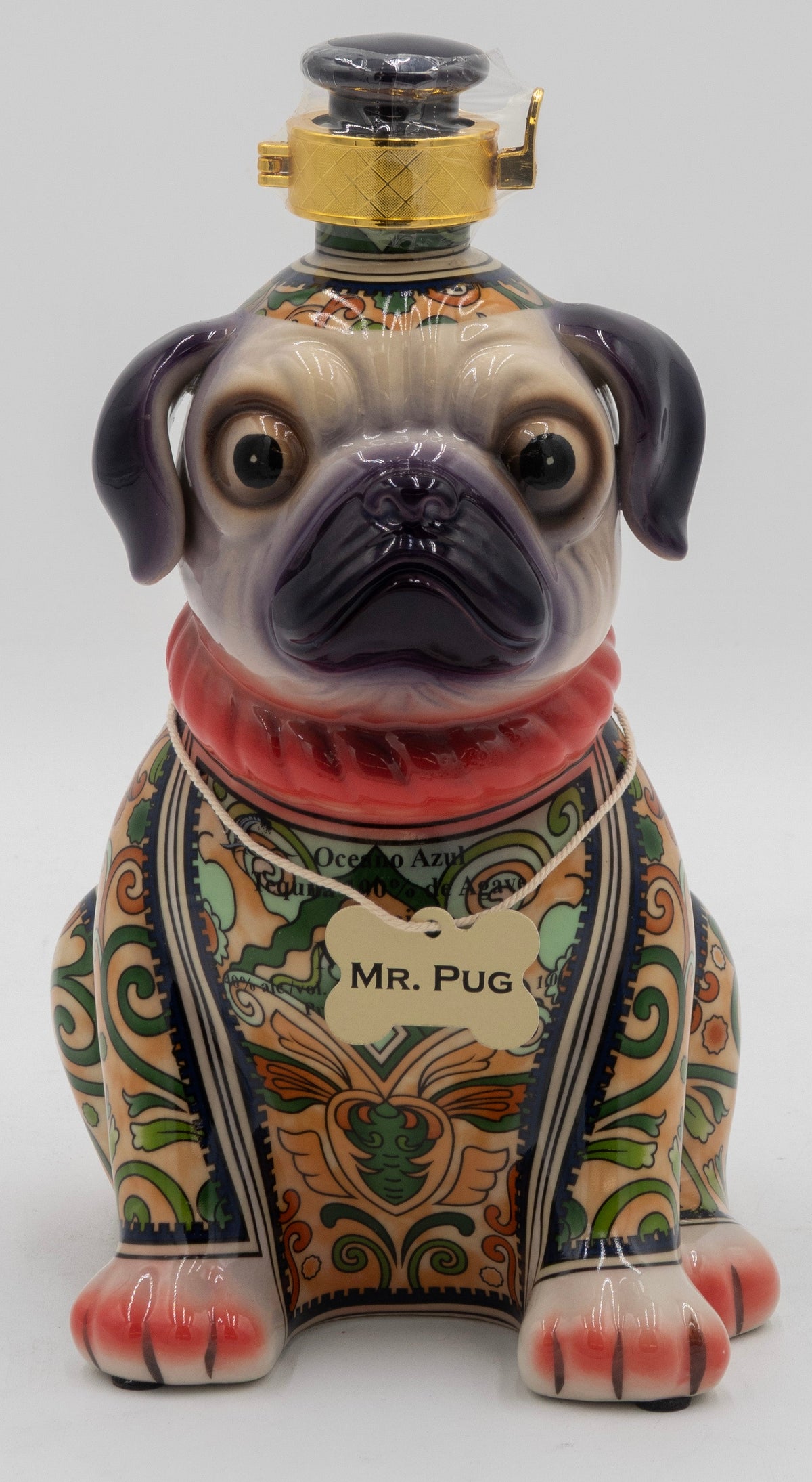 Decorative bottle shaped like a pug with intricate designs and 'MR. PUG' label on a white background