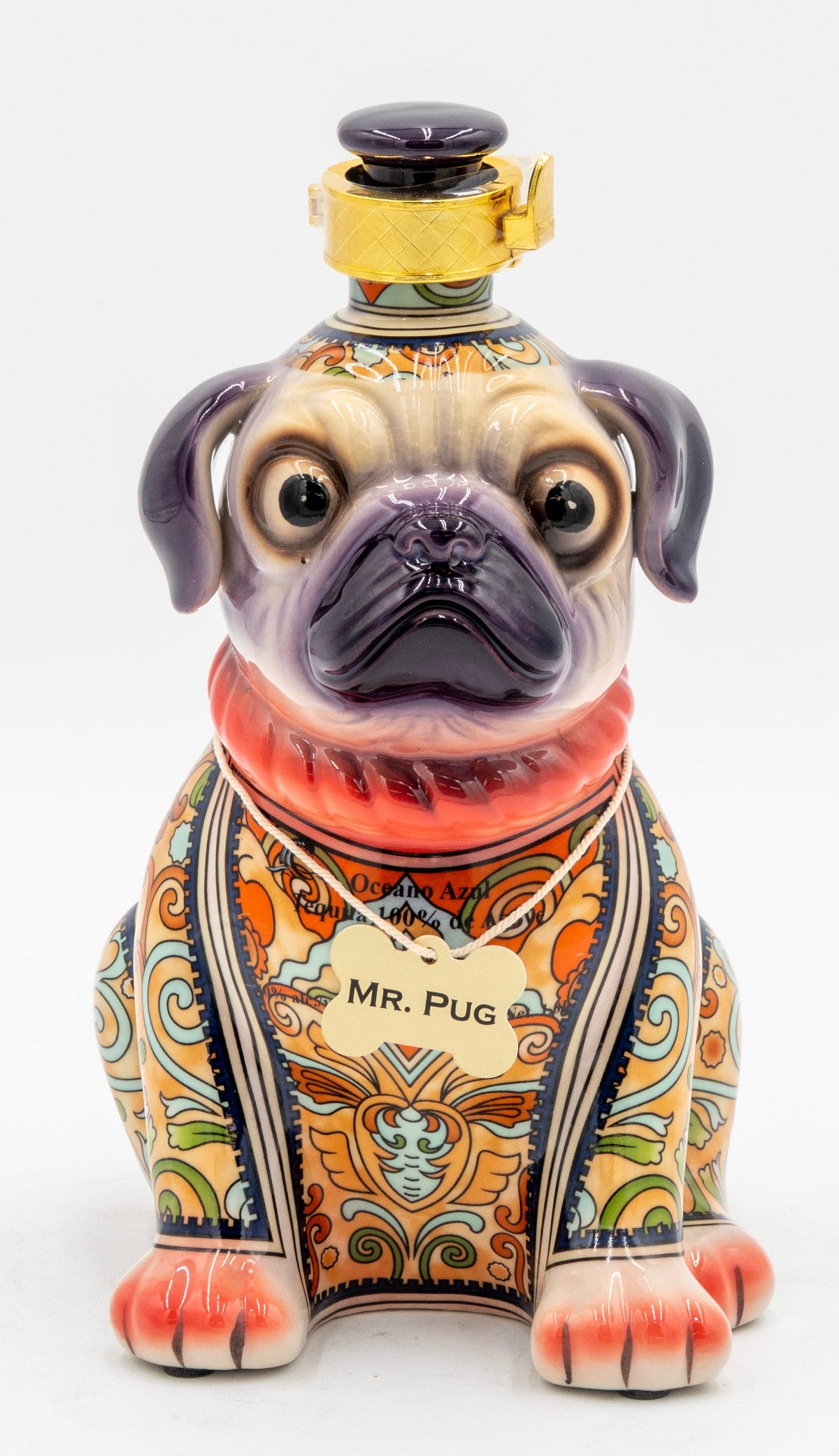 Decorative bottle shaped like a pug with colorful patterns on a white background