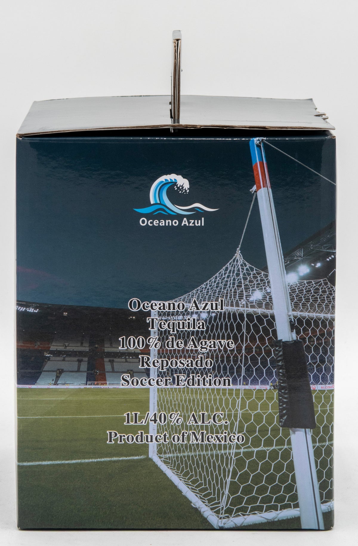 Oceano Azul Tequila box with soccer-themed design on a white background