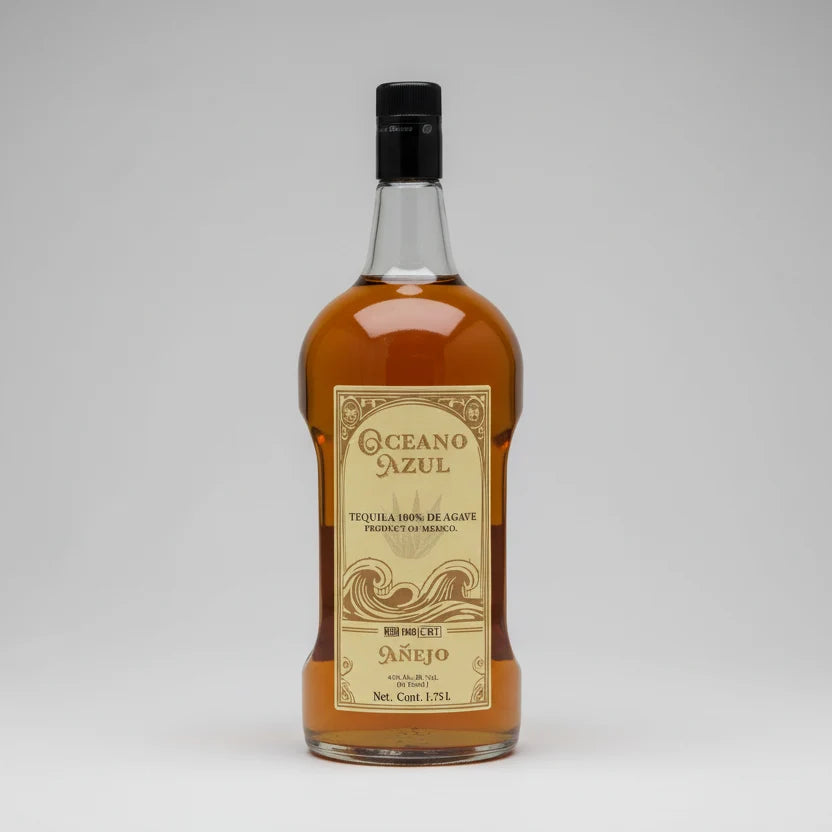 Oceano Azul tequila bottle with label on a clear background