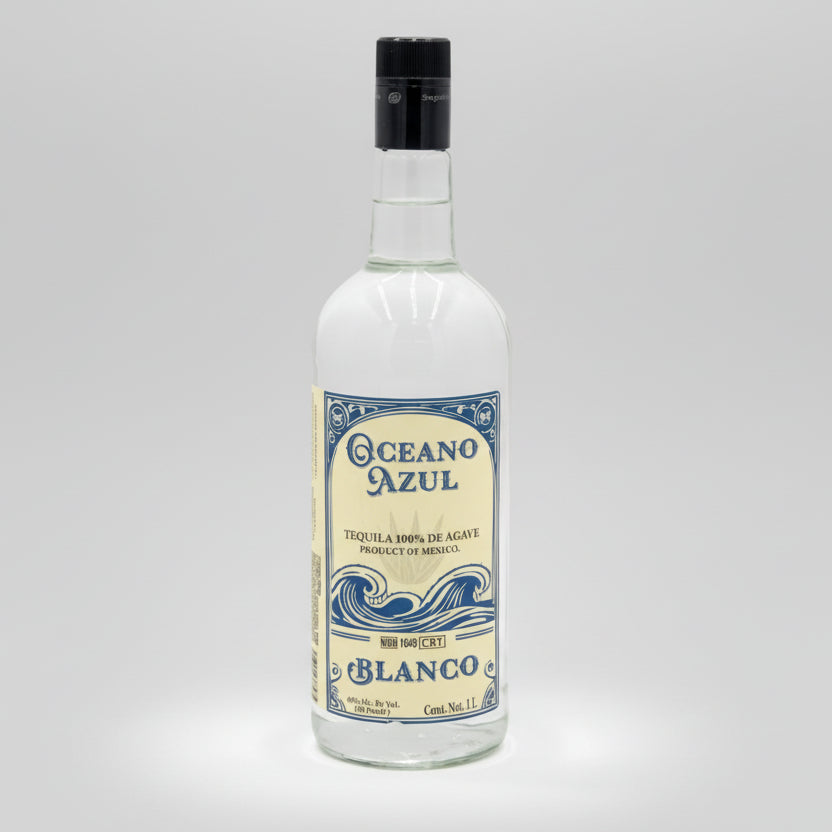 Oceano Azul Blanco tequila bottle on a white background