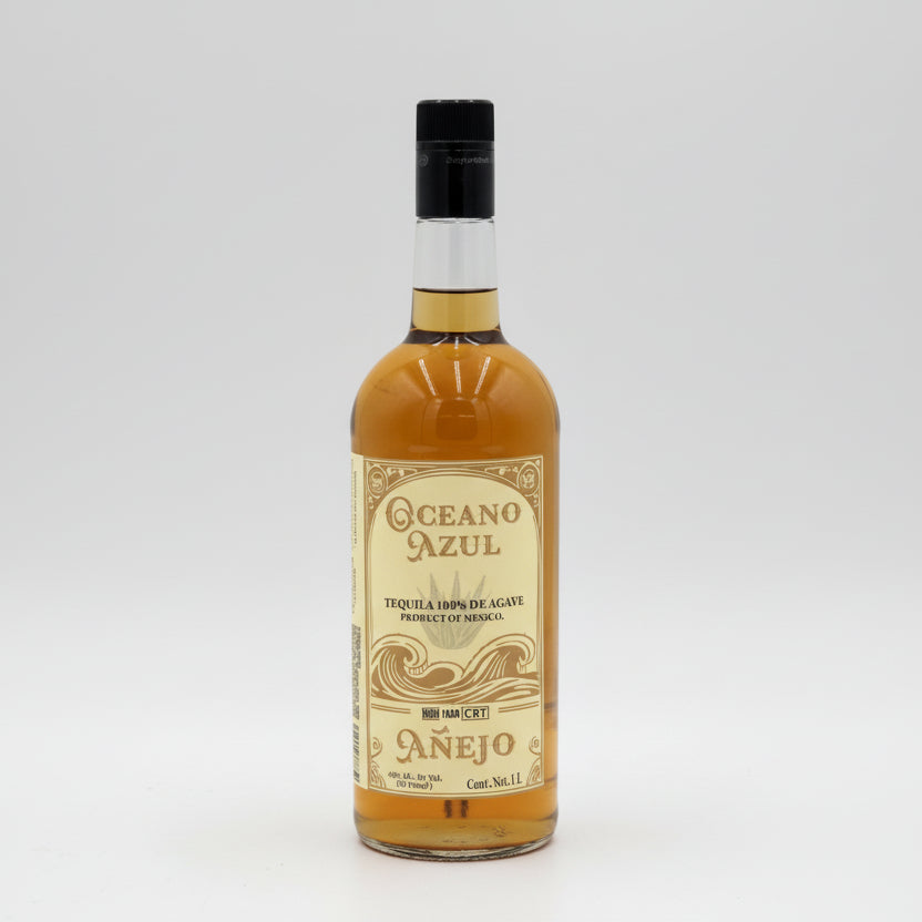 Bottle of Oceano Azul tequila on a white background