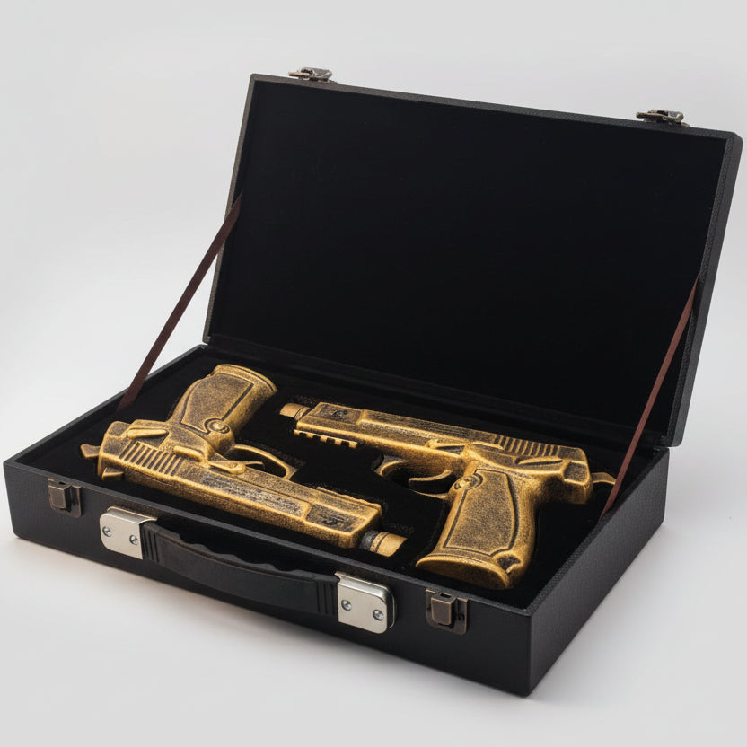 Two pistol-shaped bottles of Oceano Azul Double Trouble Pistol Añejo Tequila placed inside a black case with a secure clasp.