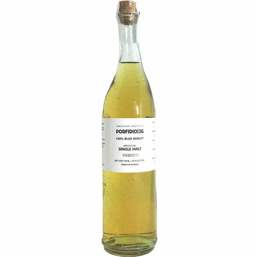 Bottle of Porfidio single malt whiskey on a white background