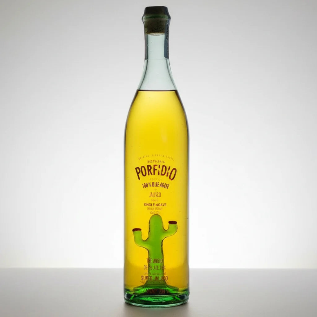 Bottle of Porfidio tequila with a yellow label on a white background