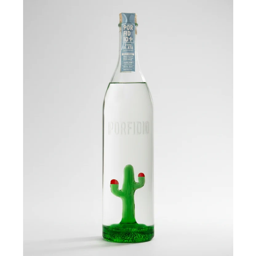 Bottle of Porfidio tequila with a cactus design on a white background