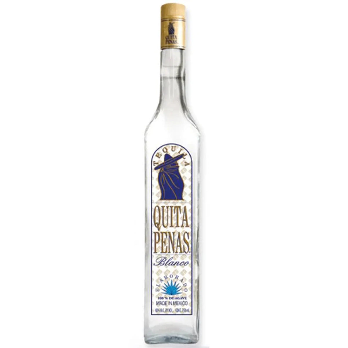 Clear bottle of Quita Penas Blanco tequila on a white background