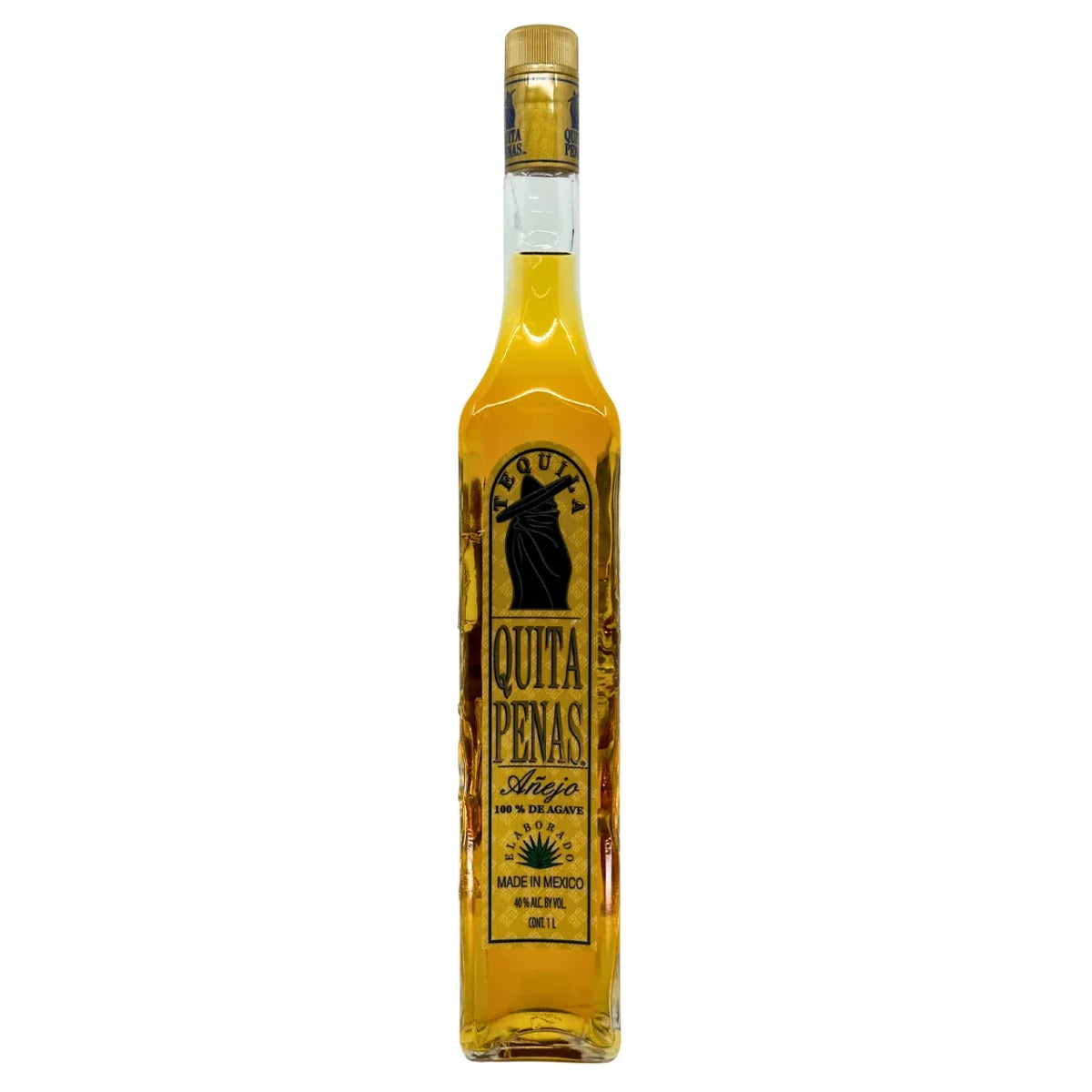 Bottle of Quita Penas tequila on a white background