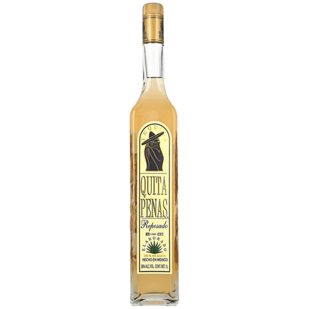 Bottle of Quita Penas Reposado tequila on a white background