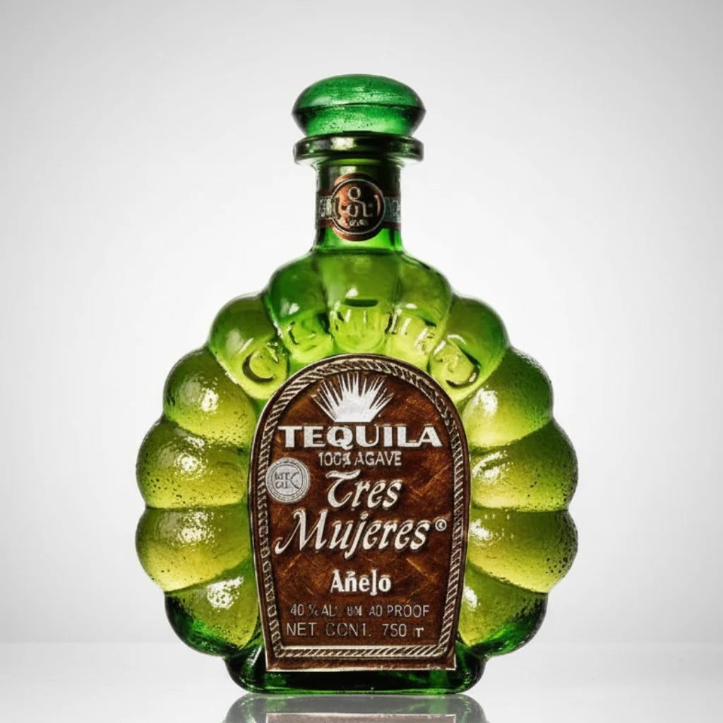 Green tequila bottle with 'Tres Mujeres' label on a white background