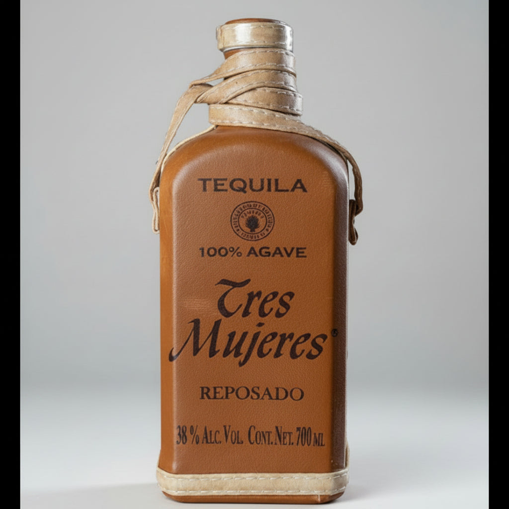 Tres Mujeres Reposado tequila bottle with leather wrap on a white background