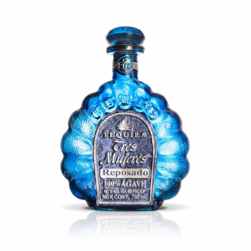 Tequila bottle with blue metallic finish on a white background
