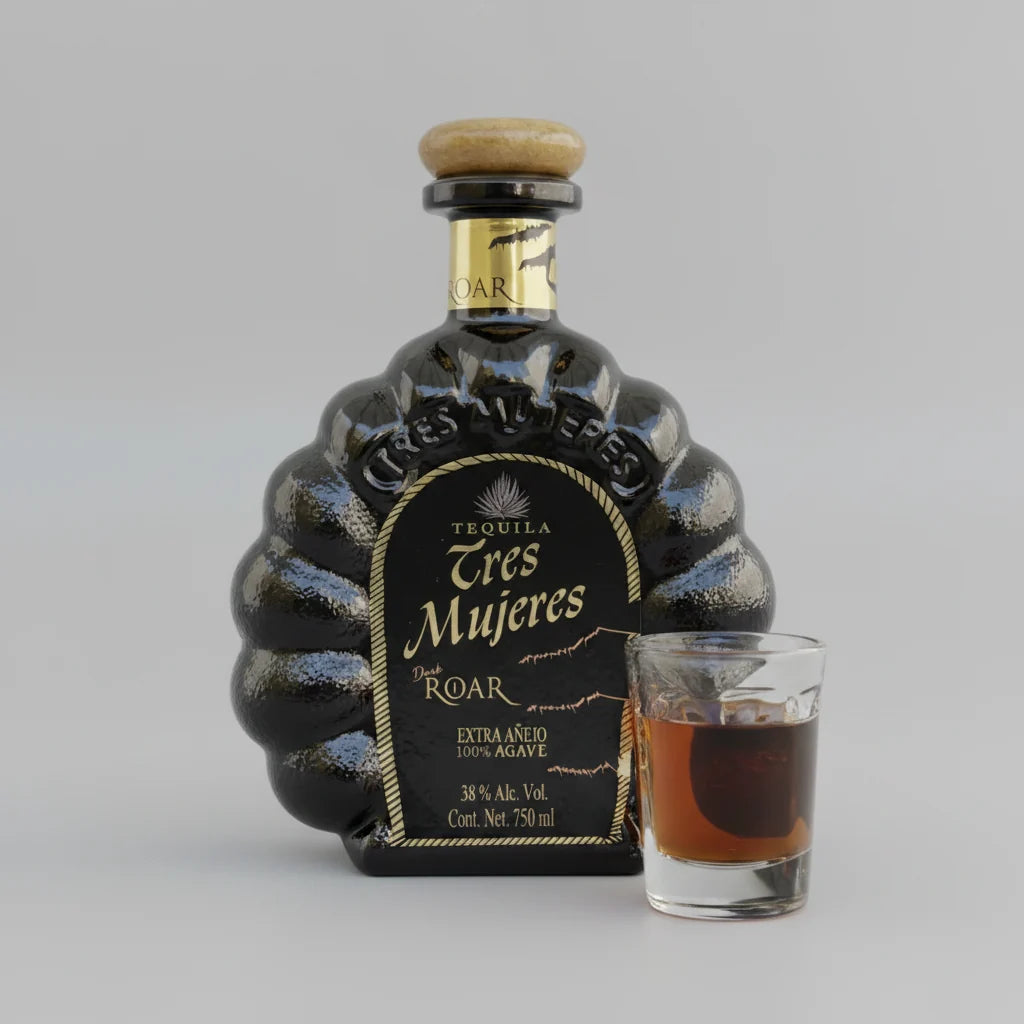 Bottle of Tres Mujeres Tequila with a glass of tequila on a wooden surface.