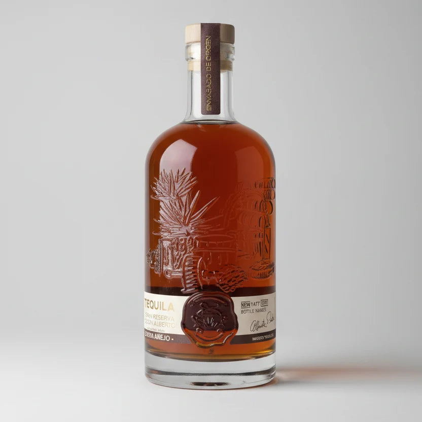 Tequila bottle with a detailed label on a white background