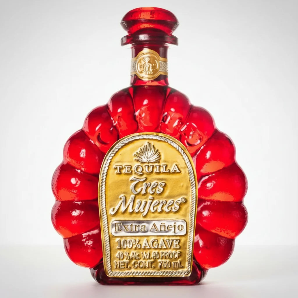 Red tequila bottle with gold label on a white background